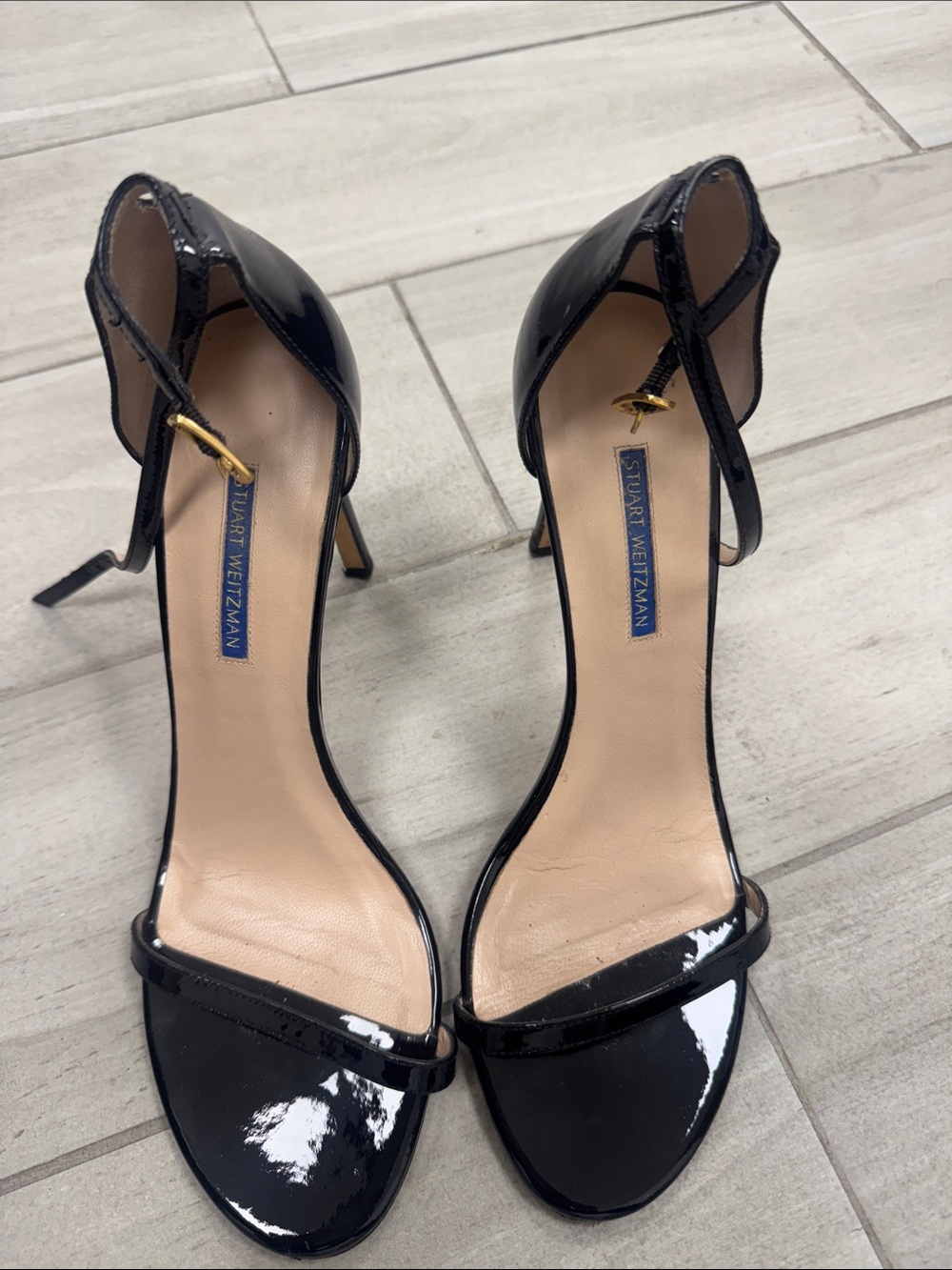 Stuart Weitzman Black Patent Leather Ankle-Strap Heels